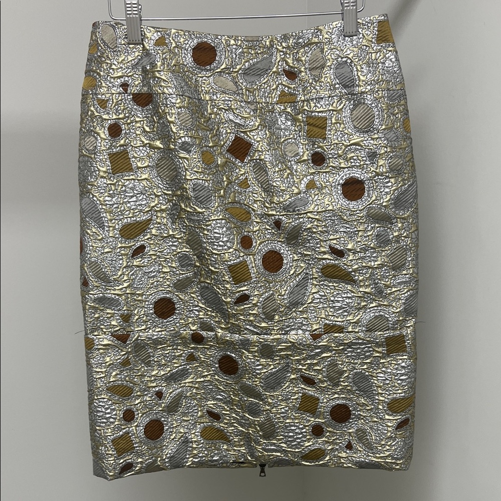 Vera Wang Metallic Silver Pencil Skirt with Gold Accents